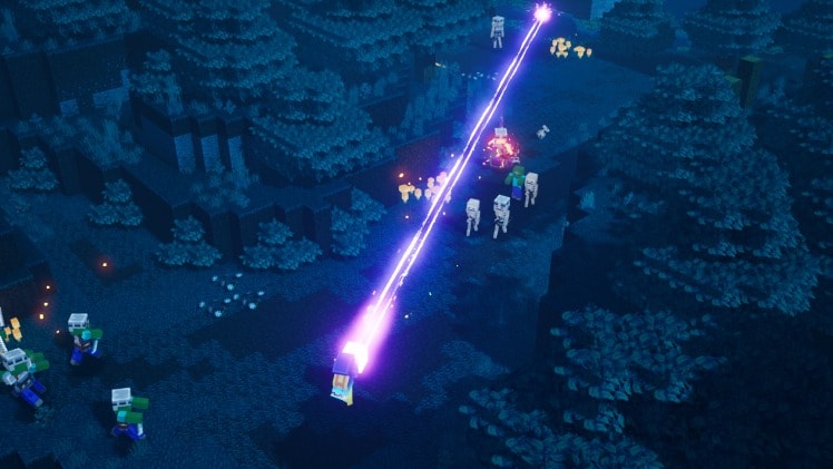 Zrzut ekranu z Minecraft Dungeons, na którym gracz strzela Skażoną Latarnią do mobów.