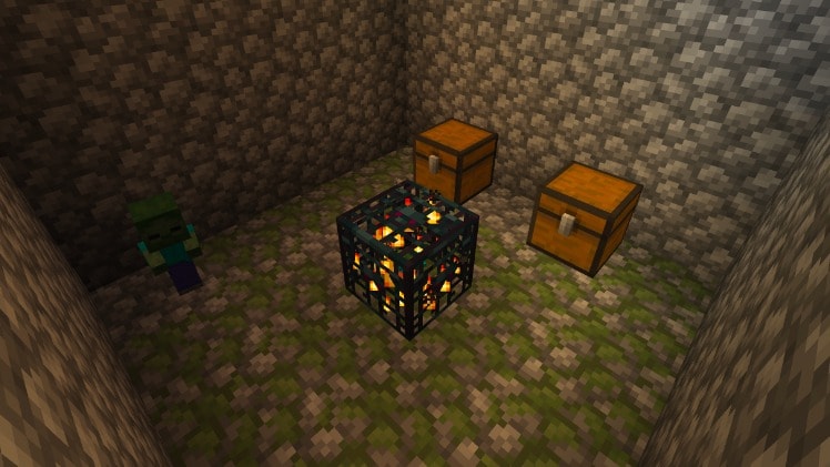 Zbliżenie na spawner mobów w Minecrafcie, flankowany przez dwa pająki.