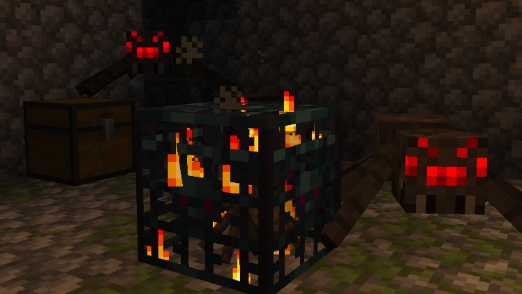 Widok na wnętrze pokoju potworów, prezentujący jego charakterystyczne brukowane ściany i spawner.