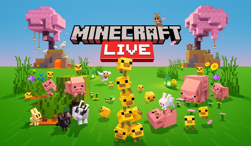 Scena z Minecrafta przedstawiająca wieśniaka, małe zwierzęta, pisklęta i moby o tematyce pszczół zebrane na platformie o zachodzie słońca z płonącą pochodnią po prawej stronie.