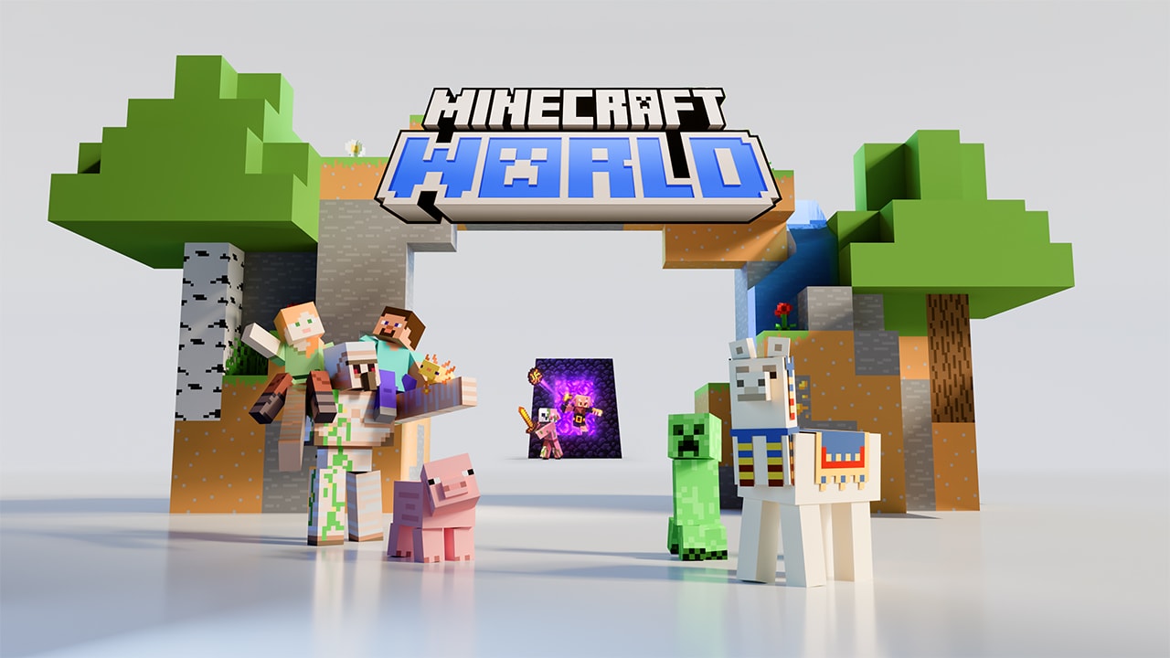 Podzielony obraz Minecrafta przedstawiający kolorowe podziemne jaskinie po lewej, unoszącą się kostkową istotę w centrum i wnętrze świecącej, czerwonej świątyni po prawej.