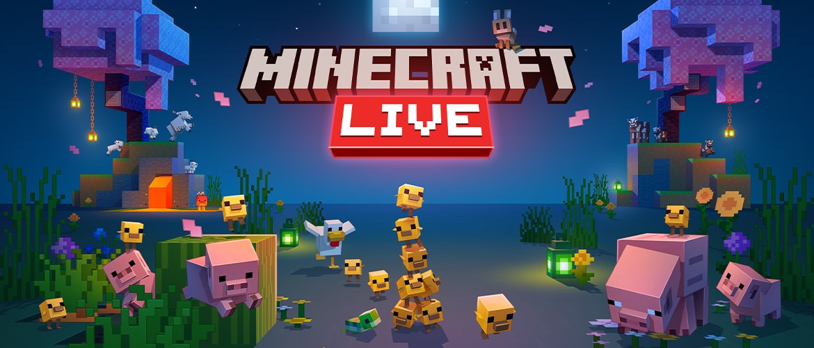 Kolorowy baner Minecraft Live przedstawiający pszczoły, świnie, kurczaki, króliki i inne moby zebrane w jasnym, trawiastym świecie pod logo Minecraft Live.