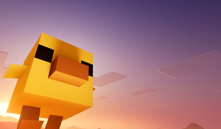 Olbrzymi kurczak mały widziany od dołu, symbolizujący inwazję słodkich mobów