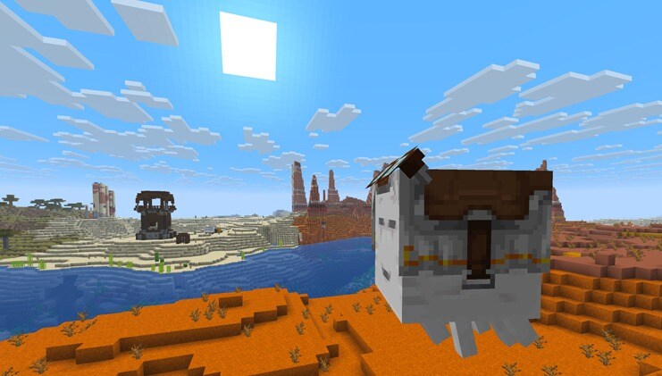 Szczęśliwy Ghast przewożący dwie świnie nad gęstym lasem.