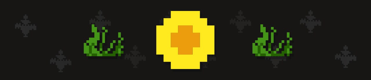 Pikselowana ikona złotego kwiatu pośrodku zielonych symboli roślin na ciemnym, wzorzystym tle