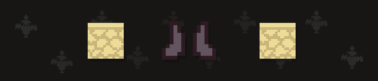 Dwa bloki piasku po bokach pary ciemnych butów wyświetlonych jako sztuka pikselowa na czarnym tle