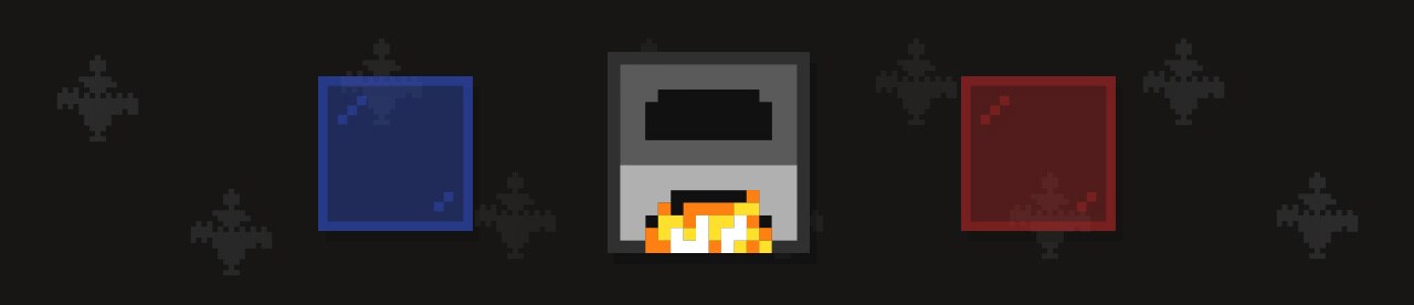 Niebieskie i czerwone bloki po obu stronach rozpalonego pieca z płonącym ogniem w środku