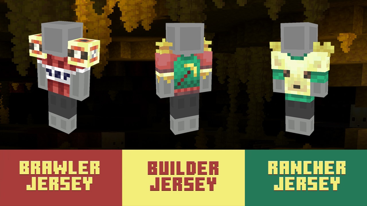 Zrzut ekranu przedstawiający trzy darmowe koszulki: Koszulkę Wojownika, Koszulkę Budowniczego i Koszulkę Ranczera, dostępne w Minecraft Marketplace.