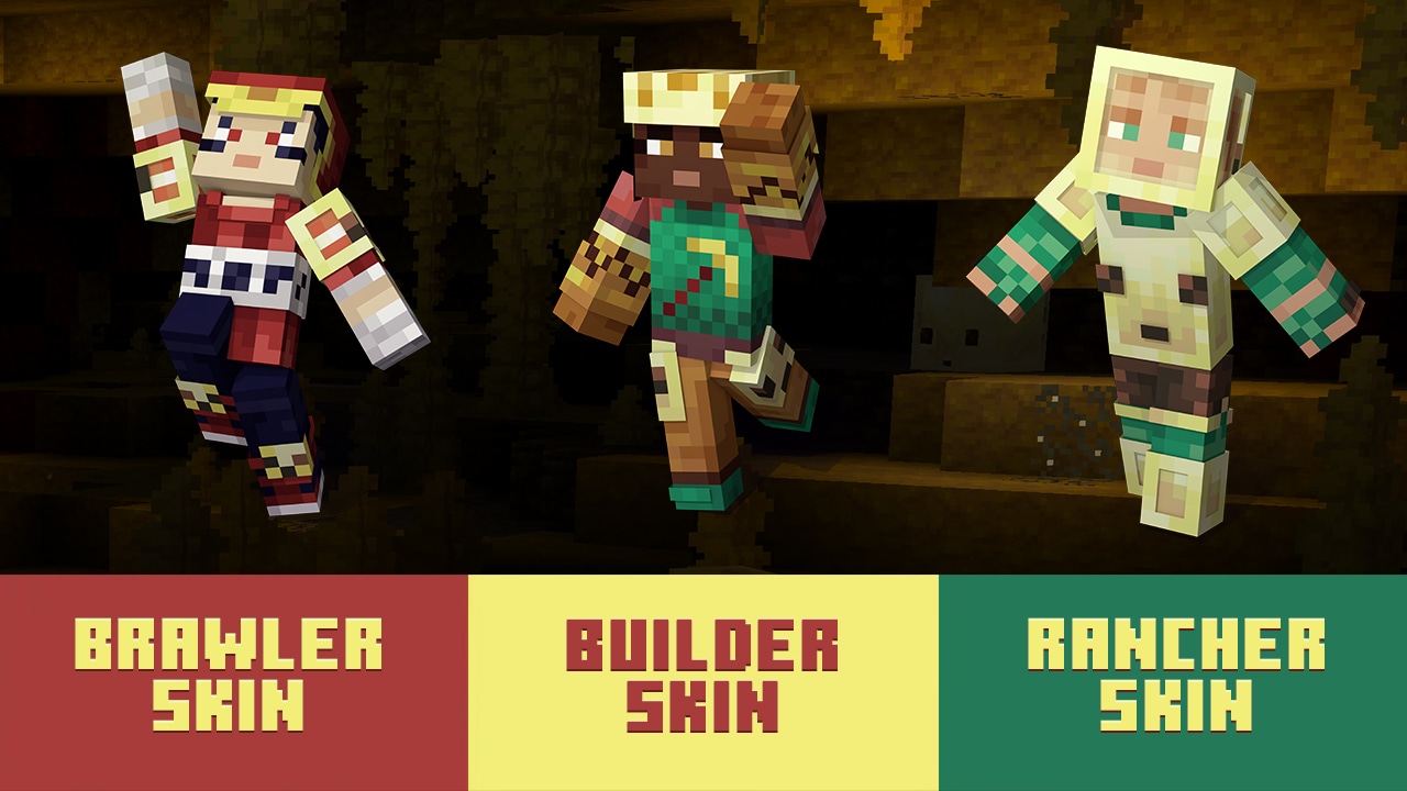 Zrzut ekranu przedstawiający trzy darmowe skórki: Skórkę Wojownika, Skórkę Budowniczego i Skórkę Ranczera, dostępne do pobrania dla Minecraft: Java Edition.