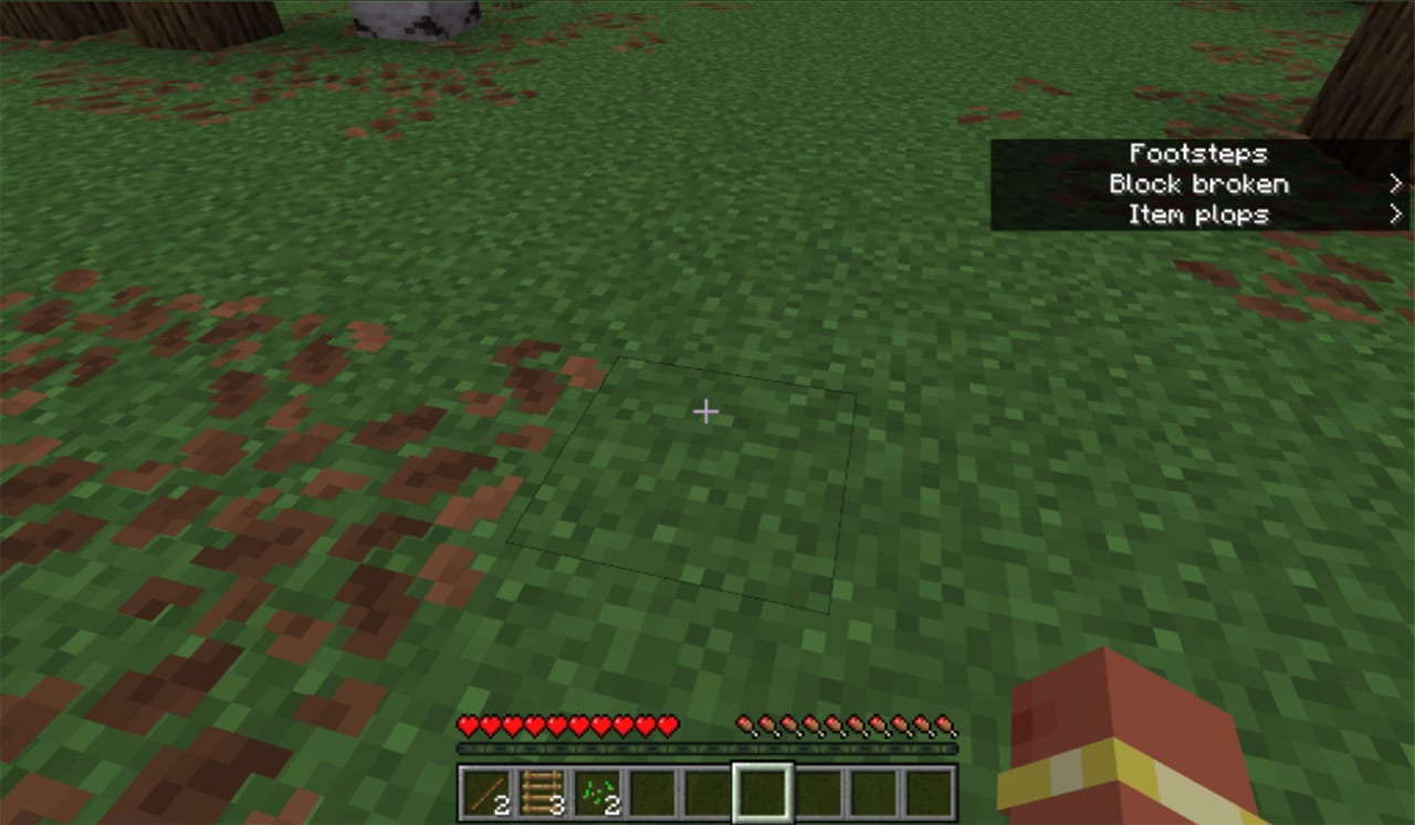 Widok z perspektywy pierwszej osoby w grze Minecraft z włączonymi napisami dźwiękowymi, wyświetlającymi w prawym górnym rogu ekranu wskaźniki dźwięków, takie jak 'Kroki', 'Zniszczony blok' i 'Przedmiot spada'.