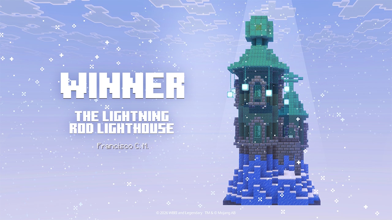 Latarnia Błyskawicy na lodowym szczycie, otoczona padającym śniegiem, z tekstem ogłaszającym zwycięzcę wyzwania: The Lightning Rod Lighthouse.