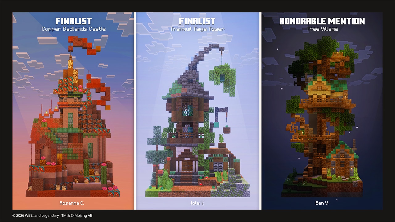 Trzy budowle z wyzwania filmowego Minecraft: Miedziany Zamek Badlands, Spokojna Wieża Tajgi i Wioska na Drzewie.