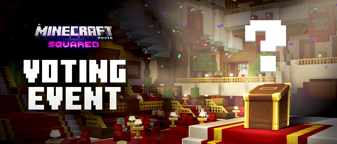Nagłówek: Wydarzenie głosowania na budowlę do filmu Minecrafta